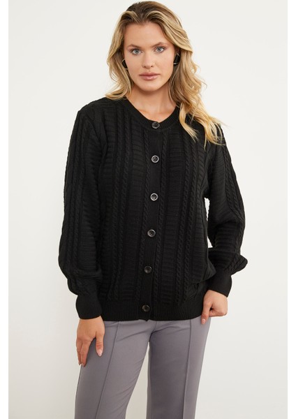 Sıfır Yaka Düğmeli Triko Hırka - Siyah