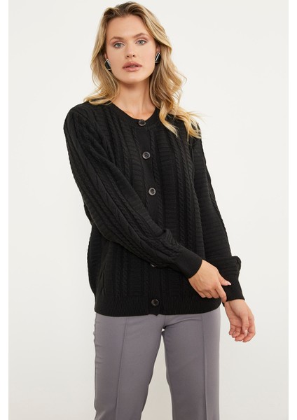 Sıfır Yaka Düğmeli Triko Hırka - Siyah fiyatları