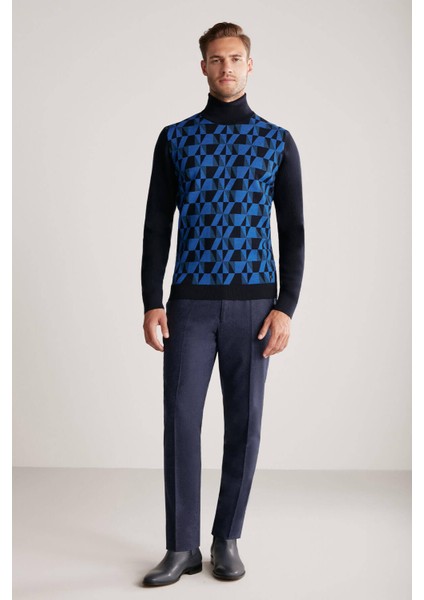 Desenli Lacivert Boğazlı Yaka Merino Yün Triko fiyatları