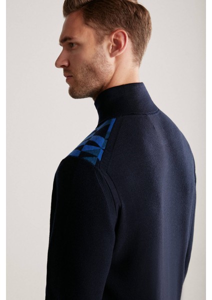 Desenli Lacivert Boğazlı Yaka Merino Yün Triko modelleri