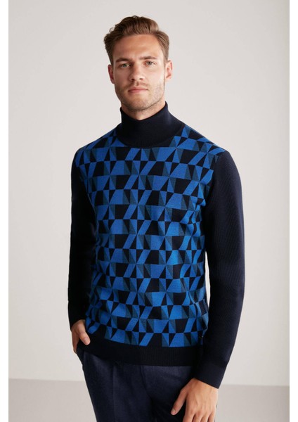 Desenli Lacivert Boğazlı Yaka Merino Yün Triko fırsatları