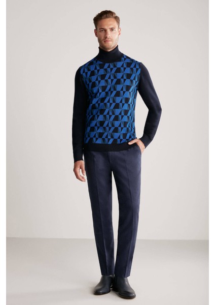 Desenli Lacivert Boğazlı Yaka Merino Yün Triko indirimleri