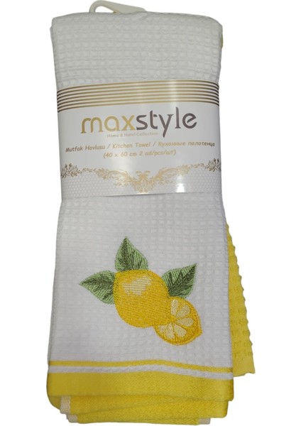 Pamuk Mutfak Havlusu Tekstili 40X60 2'li Limon Beyaz Sarı Nakışlı Desen Style Home Hot