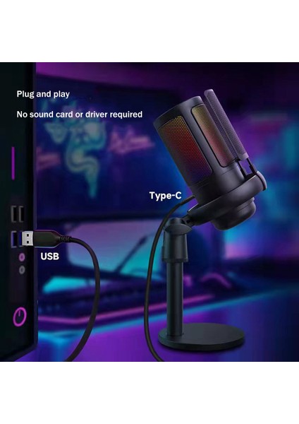 USB Oyun Kondansatör Mikrofon Bilgisayar Kayıt Mikrofonu Rgb Aydınlatma Kondansatör Mikrofon Siyah (Yurt Dışından)