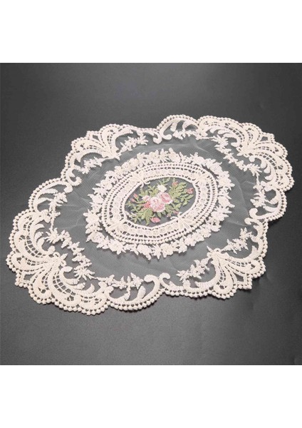 Avrupa Oval Işlemeli Dantel Kumaş Şeffaf Placemat Coaster Mat Mobilya Örtüsü Kumaş Bej (Yurt Dışından)