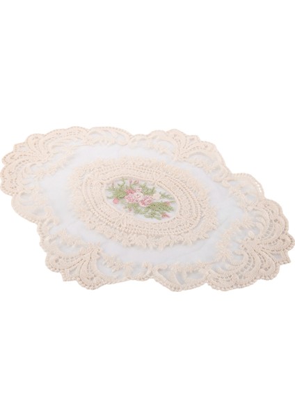 Avrupa Oval Işlemeli Dantel Kumaş Şeffaf Placemat Coaster Mat Mobilya Örtüsü Kumaş Bej (Yurt Dışından)