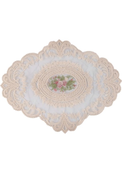 Avrupa Oval Işlemeli Dantel Kumaş Şeffaf Placemat Coaster Mat Mobilya Örtüsü Kumaş Bej (Yurt Dışından)