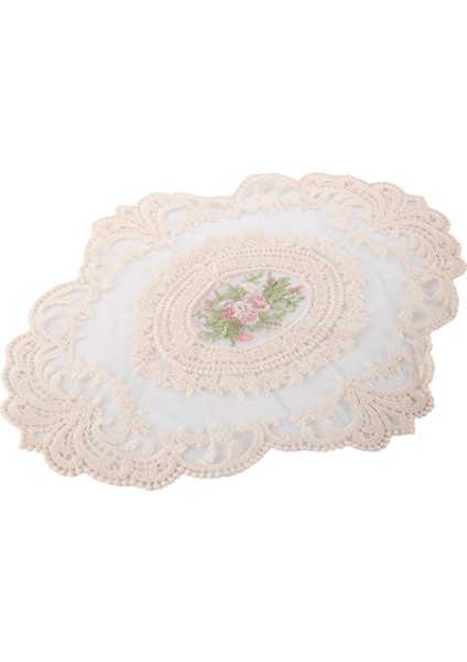 Avrupa Oval Işlemeli Dantel Kumaş Şeffaf Placemat Coaster Mat Mobilya Örtüsü Kumaş Bej (Yurt Dışından)