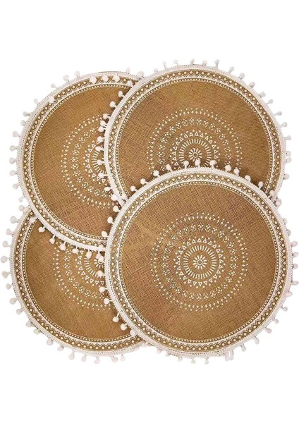 Yuvarlak Placemats 4'lü Set, Yemek Odası Mutfak Masa Dekoru Için Ponponlu Boho Dokuma Masa Paspasları (Beyaz Top) (Yurt Dışından)