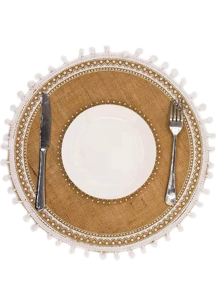 Yuvarlak Placemats 4'lü Set, Yemek Odası Mutfak Masa Dekoru Için Ponponlu Boho Dokuma Masa Paspasları (Beyaz Top) (Yurt Dışından)