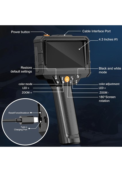 4.3 Inc IPS Ekran Mekanik Kamera, Endoskop Kamera - 5m