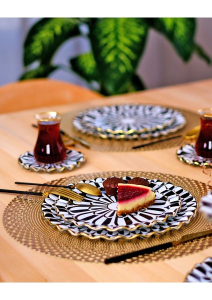 Destina Siyah Altın Yaldızlı 6 Kişilik Cam Pasta Tabağı Takımı