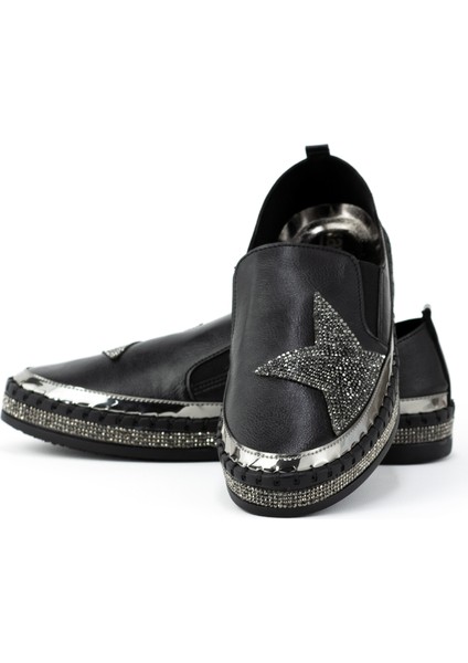 Kadın Bağcıksız Kauçuk Taban Comfort Taş Yıldızı Modelli Tam Kalıp Ortopedik Deri Klasik Anne Ayakkabı indirimleri