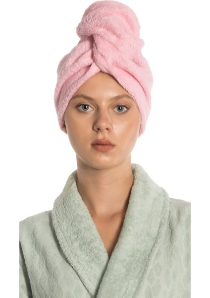 Düz Eponj Düğmeli Havlu Pembe Saç Kurulama Bonesi