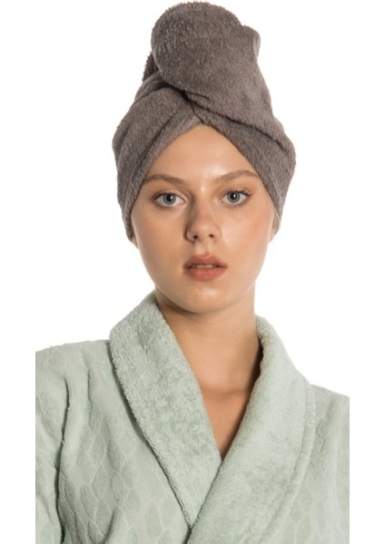 Düz Eponj Düğmeli Havlu Koyu Gri Saç Kurulama Bonesi