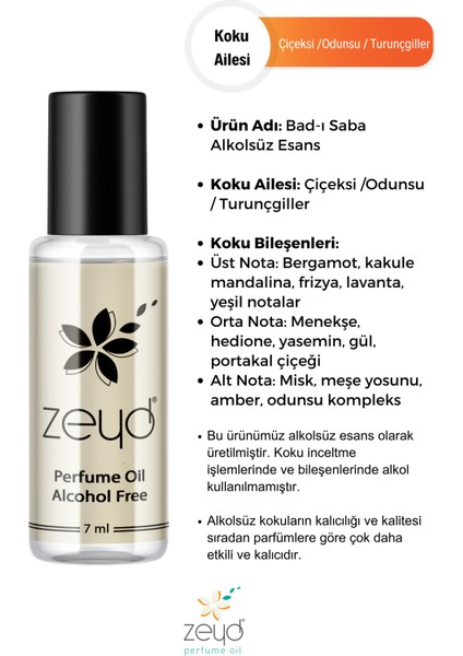 Bad-I Saba Kokulu Alkolsüz Esans 7 ml Parfüm Esansı Roll-on Edp Esansiyel Yağ Zeyd