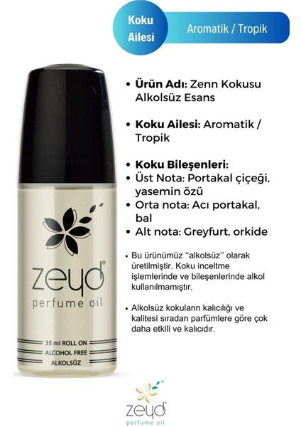 Zenn Kokulu Alkolsüz Esans 35 ml Parfüm Esansı Roll-on Edp Cep Parfüm Esansiyel Yağ