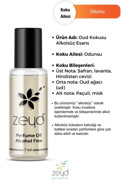 Oud Kokulu Alkolsüz Esans 7 ml Parfüm Esansı Roll-on Edp Esansiyel Yağ Zeyd