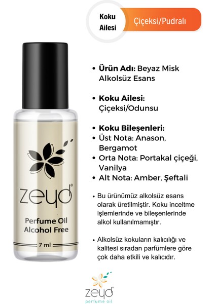 Beyaz Misk Kokulu Alkolsüz Esans 7 ml Parfüm Esansı Roll-on Edp Esansiyel Yağ Zeyd modelleri