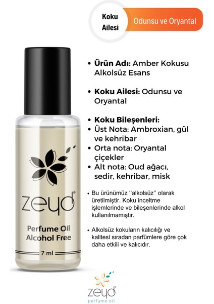 Amber Kokulu Alkolsüz Esans 7 ml Parfüm Esansı Roll-on Edp Esansiyel Yağ Zeyd