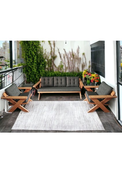 Berlin Masif Ahşap Bahçe Balkon Koltuk Takımı Kestane Ağacı - 1 Adet Üçlü 2 Adet Tekli Antrasit Gri K.t.