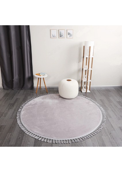 Açık Gri Fluffy Düğüm Saçaklı Yuvarlak Post Peluş Halı Kaymaz Taban Yumuşacık Yolluk Modern Halı