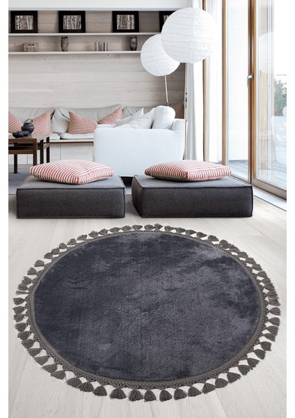 Antrasit Fluffy Düğüm Saçaklı Yuvarlak Post Peluş Halı Kaymaz Taban Yumuşacık Yolluk Modern Halı