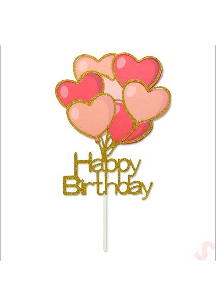 Happy Birthday Kalp Pasta Süsü, 20CM x 10CM - Altın