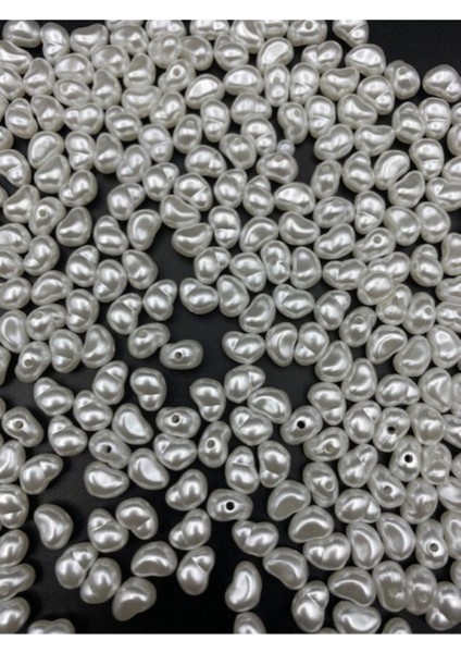 50GR Formsuz Şekilsiz Beyaz Renk Plastik Lüks Inci Boncuk, Yamuk Inci (250 Adet)