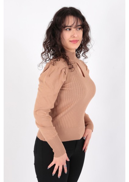 Yarım Balıkçı Yaka Pencere Detaylı Fitilli Slim Fit Triko Kazak Bayan KAZAK 23K0397K1