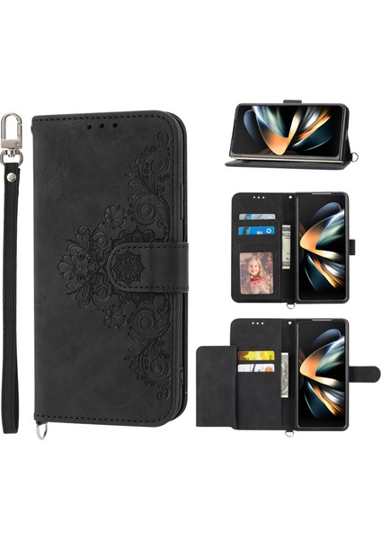 Samsung Galaxy Z Fold5 Siyah Için Çiçekler Kabartmalı Deri Kılıf (Yurt Dışından)
