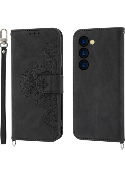 Samsung Galaxy Z Fold5 Siyah Için Çiçekler Kabartmalı Deri Kılıf (Yurt Dışından)