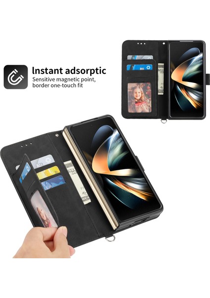 Samsung Galaxy Z Fold5 Siyah Için Çiçekler Kabartmalı Deri Kılıf (Yurt Dışından)