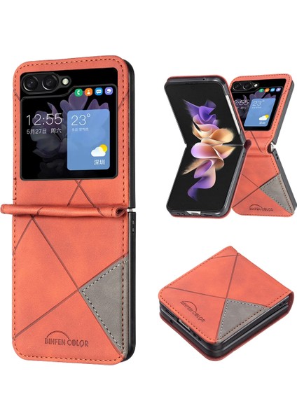 Samsung Galaxy Z Flip5 Kahverengi Için Eşkenar Dörtgen Deri Kasa (Yurt Dışından)
