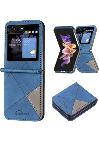 Samsung Galaxy Z Flip5 Mavi Için Eşkenar Dörtgen Deri Kılıfı (Yurt Dışından)