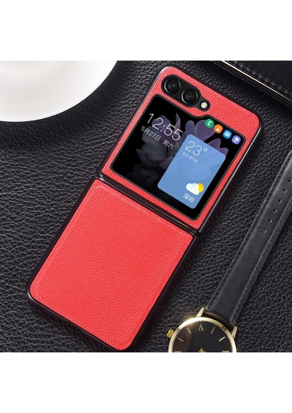 Samsung Galaxy Z Flip5 Kırmızı Için Orijinal Deri Telefon Kılıfı (Yurt Dışından)