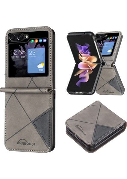 Samsung Galaxy Z Flip5 Gri Için Eşkenar Dörtgen Deri Kasa (Yurt Dışından)