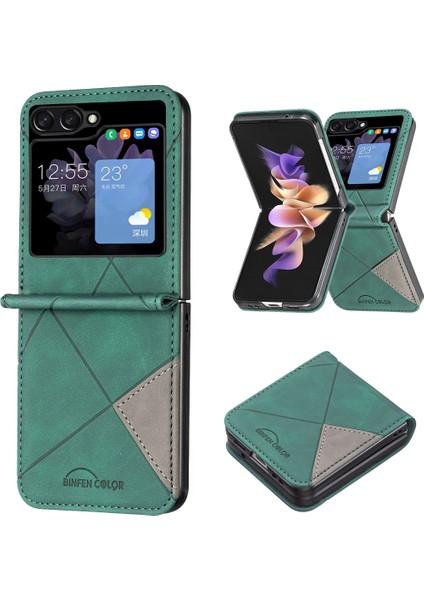 Samsung Galaxy Z Flip5 Yeşil Için Eşkenar Dörtgen Deri Kasa (Yurt Dışından)