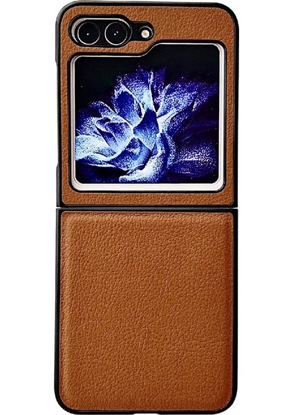 Samsung Galaxy Z Flip5 Kahve Için Litchi Doku Pc +Tpu Kılıfı (Yurt Dışından)