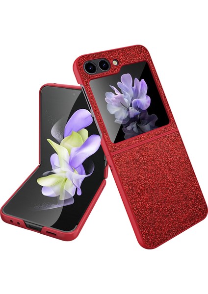 Samsung Galaxy Z Flip5 5g Kırmızı Için Glitter Powder Cilt Pu Kılıf (Yurt Dışından)