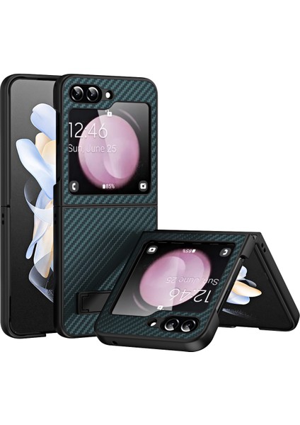 Samsung Galaxy Z Flip5 Koyu Yeşil Için Tutucu ile Karbon Fiber Kılıf (Yurt Dışından)