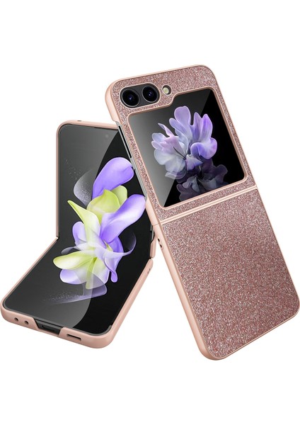 Samsung Galaxy Z Flip5 5g Gül Altın Için Glitter Powder Cilt Pu Kılıf (Yurt Dışından)