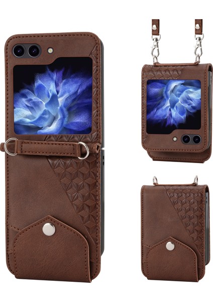 Samsung Galaxy Z Flip5 Brown Için Kübik Doku Deri Kılıf (Yurt Dışından)