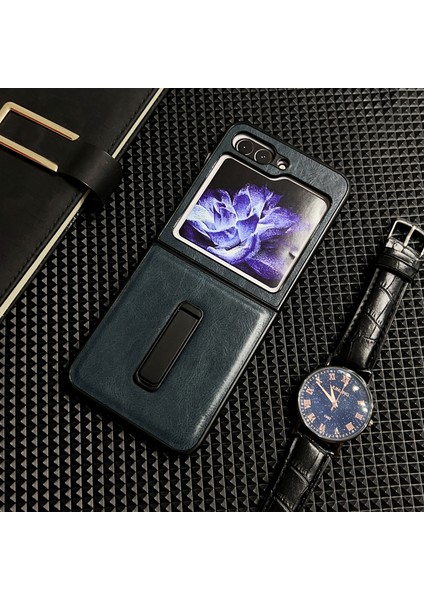 Samsung Galaxy Z Flip5 Mavi Için Çılgın At Doku Tutucu Kılıf (Yurt Dışından)