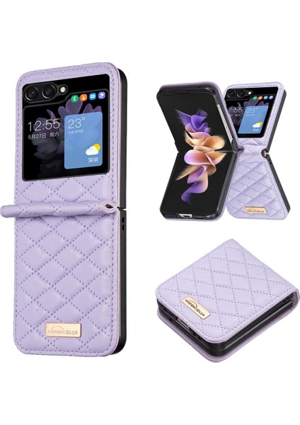 Samsung Galaxy Z Flip5 Mor Için Rhombic Doku Deri Kılıf (Yurt Dışından)