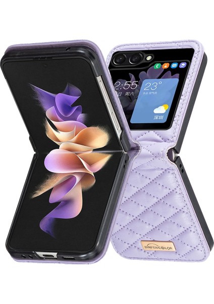 Samsung Galaxy Z Flip5 Mor Için Rhombic Doku Deri Kılıf (Yurt Dışından) modelleri