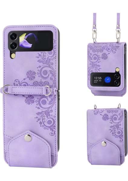 Çiçekler Samsung Galaxy Z Flip5 Mor Için Kabartmalı Deri Kılıf (Yurt Dışından)