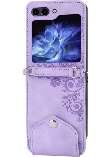 Çiçekler Samsung Galaxy Z Flip5 Mor Için Kabartmalı Deri Kılıf (Yurt Dışından)