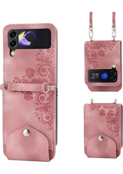 Çiçekler Samsung Galaxy Z Flip5 Pink Için Kabartmalı Deri Kılıf (Yurt Dışından)