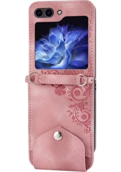 Çiçekler Samsung Galaxy Z Flip5 Pink Için Kabartmalı Deri Kılıf (Yurt Dışından)